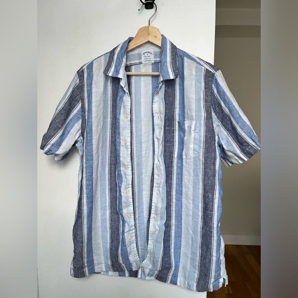 Brooks Brothers Men’s Blue Striped Linen Shirt Regent Fit Size Medium